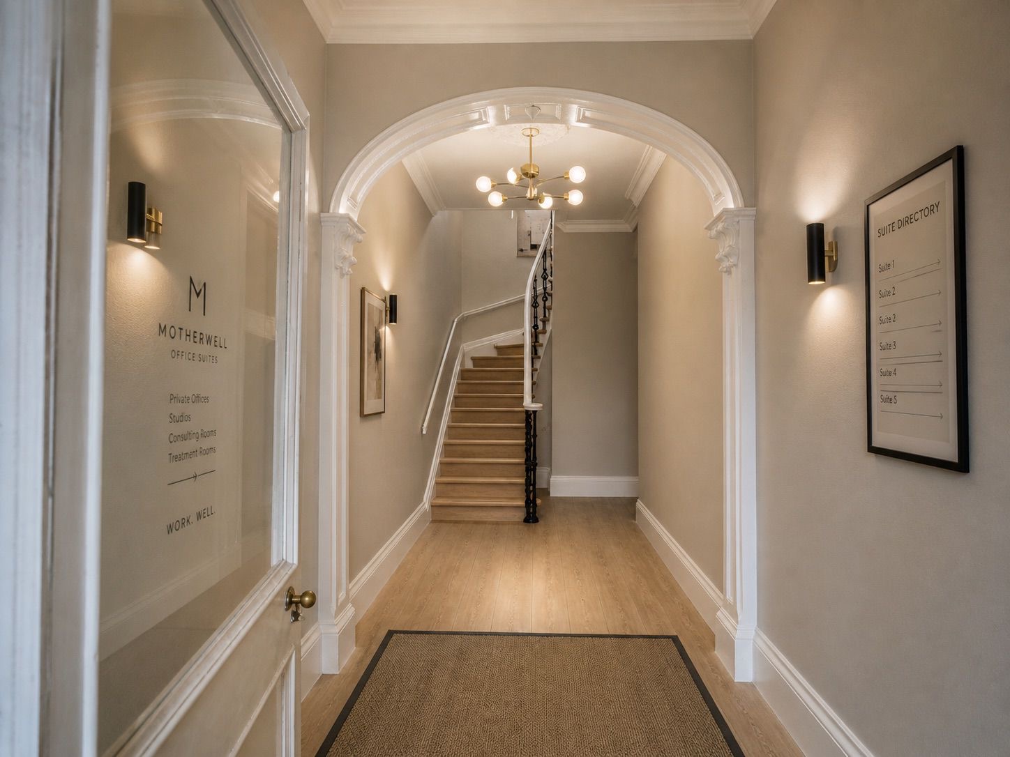 Top-floor office suite under the building eaves